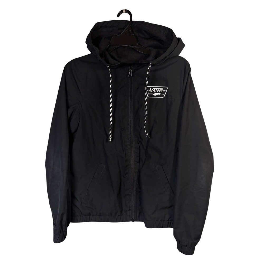 Vans Windbreaker Jacket Womens XS Black Excellent Hooded Full Zip Logo Patch